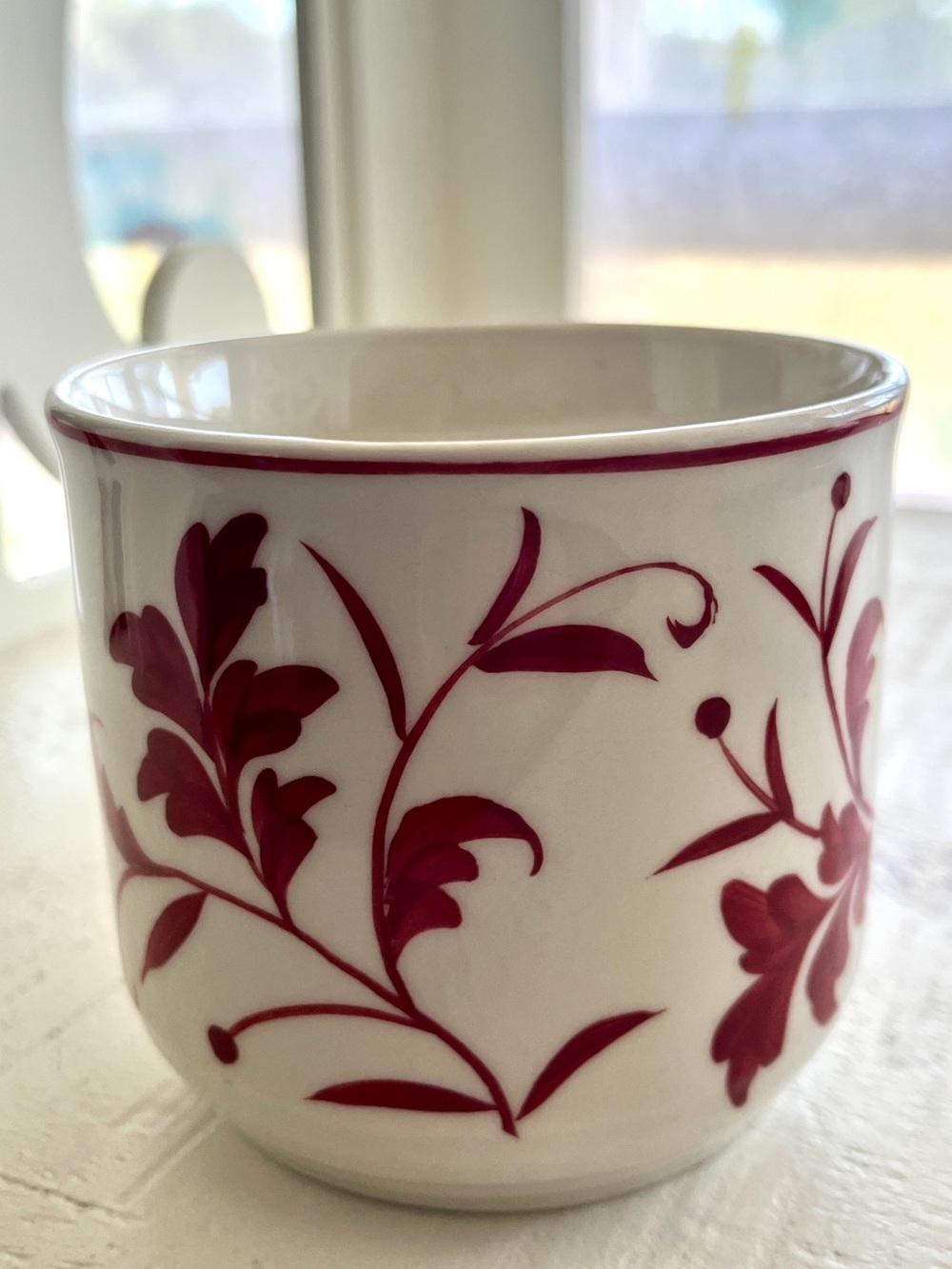Vintage White Ceramic Mug Burgundy Floral Vine Thumb-Rest Handle